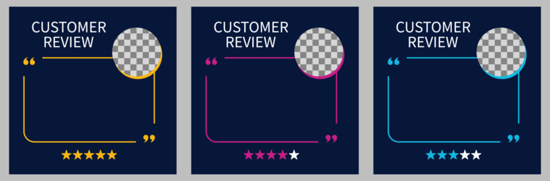 Set of three template with speech bubble for customer feedback, testimonial or review quote on dark blue background. Empty speech bubble frame with quotation marks and copy space for quotes.