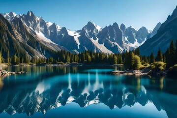 : A panoramic view of a peaceful lake surrounded by towering mountains, reflecting the clear blue sky.