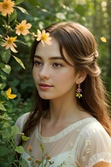 Naklejka premium Beautiful Girl in Magical Spring Garden