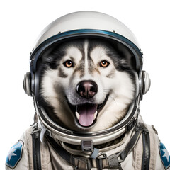Funny Siberian Husky dog on transparent background PNG. Siberian dog in astronaut suit on transparent background PNG.