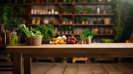 Wooden table with vegetables in a grocery store, interior of a country store with fresh organic products