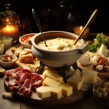 Bowl of fondue stock photo with forks cheese beautiful image Ai generated art