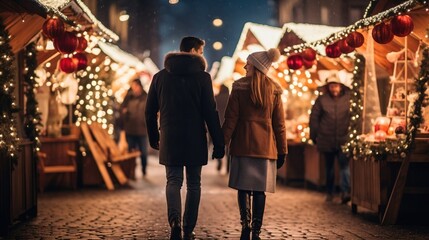 Happy couple walking on the Christmas market at night, a beautiful scene of a Christmas couple. Created using Generative AI technology. - obrazy, fototapety, plakaty