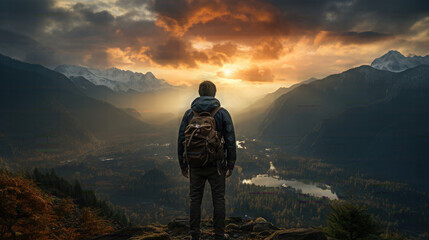 Hiker at the summit of a mountain overlooking a stunning view.