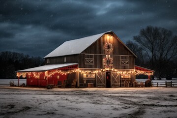 Country Christmas Celebration: A Rustic Barn adorned with Lights and Holly