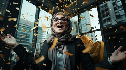 Fototapeta premium Happy businesswoman, in victory and success in her work