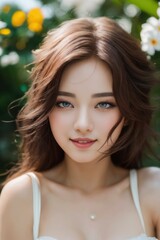Naklejka premium Happy young Korean Girl standing in front of a blooming Sakura tree, Closeup portrait of a cheerful young female Asian adult in wild nature