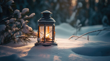 Christmas Lantern On Snow With Fir Branch in the Sunlight. Winter Decoration Background.
