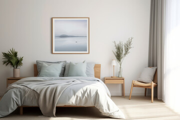 Calming bedroom with a picture frame hanging up. interior with Scandinavian design furniture and accessories. Generative AI
