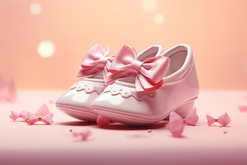 Adorable baby girl shoes with festive accents on a pink background. Generative AI