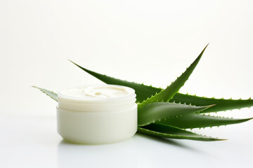 Opened plastic container with cream and aloe on a white background. Generative AI