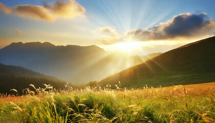 Sunrise Scene Mountain Meadow and Sunray Glow