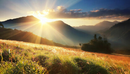 Sunrise Scene Mountain Meadow and Sunray Glow