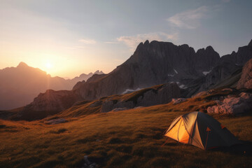 Experience nature's beauty with a tent pitched against majestic mountains during a serene sunset. Perfect for hikers and adventure seekers. AI Generative.
