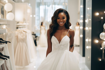African American bride is trying on an elegant wedding dress in modern wedding salon - Powered by Adobe