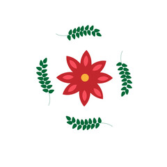 a red flower with green branches around on a white background