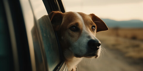 Dog travel by car. Nova Scotia Duck Tolling Retriever enjoying road trip.