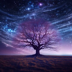 Fototapeta na wymiar Crisp photography of a tree in front of a starry Ai generated art