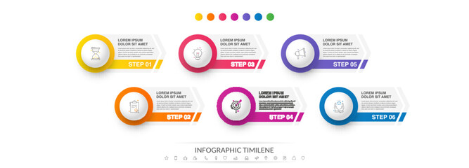 Business vector infographics with six circles and arrows. Timeline visualization with 6 steps for diagram, flowchart, banner, presentations, web, content, levels, chart, graphic - obrazy, fototapety, plakaty