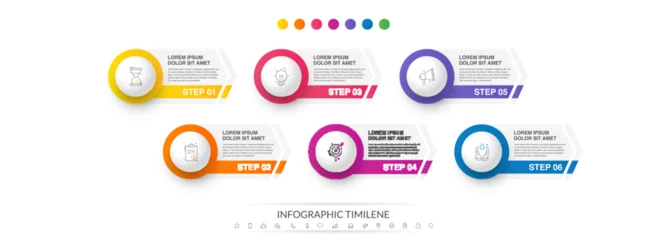 Fotobehang Business vector infographics with six circles and arrows. Timeline visualization with 6 steps for diagram, flowchart, banner, presentations, web, content, levels, chart, graphic © evseev_tim