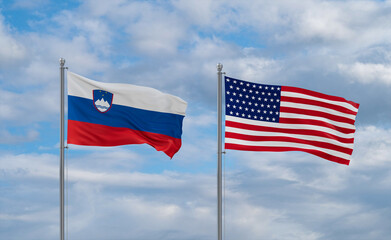USA and Slovenia flags, country relationship concepts