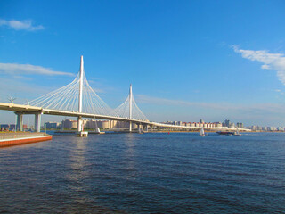 Cable-stayed bridge in St. Petersburg, Russia. A modern highway (Western High-Speed Diameter) passes over this bridge.