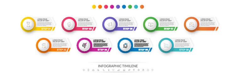 Business vector infographics with 9 circles and arrows. Timeline visualization with nine steps for diagram, flowchart, banner, presentations, web, content, levels, chart, graphic
