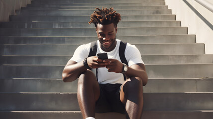 young black man checking mobile during his workout in the city