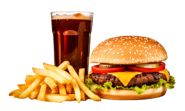 fast food meal. burger with french fries and soft drink on transparent or white background