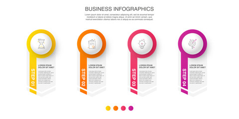 Vector business infographics template. Timeline with 4 circle, icon, arrow, steps, four number options. Can be used for workflow layout, diagram, chart, banner, web design. Modern illustration