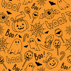 Halloween orange seamless pattern with pumpkins, bats, spiders, ghosts, candies, spider web and speech bubble boo. Vector background texture for printing on fabric and paper.Scary event decoration