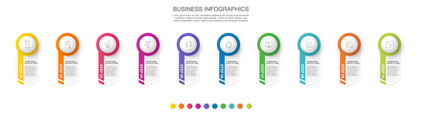 Vector business infographics template. Timeline with ten circle, icon, arrow, steps, 10 number options. Can be used for workflow layout, diagram, chart, banner, web design. Modern illustration