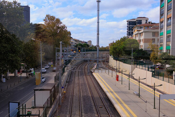 Metro station and rail lines on Istanbul city street, marmara line