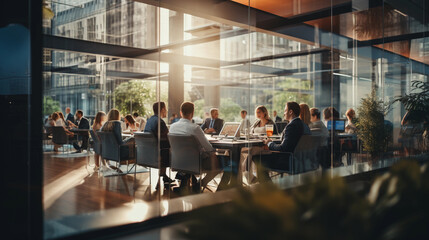Fototapeta na wymiar Blurry photo of a big modern corporate office with business people