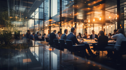 Blurry photo of a big modern corporate office with business people