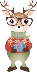 Hirsch mit Weihnachtsgeschenk,Brille und Mütze
