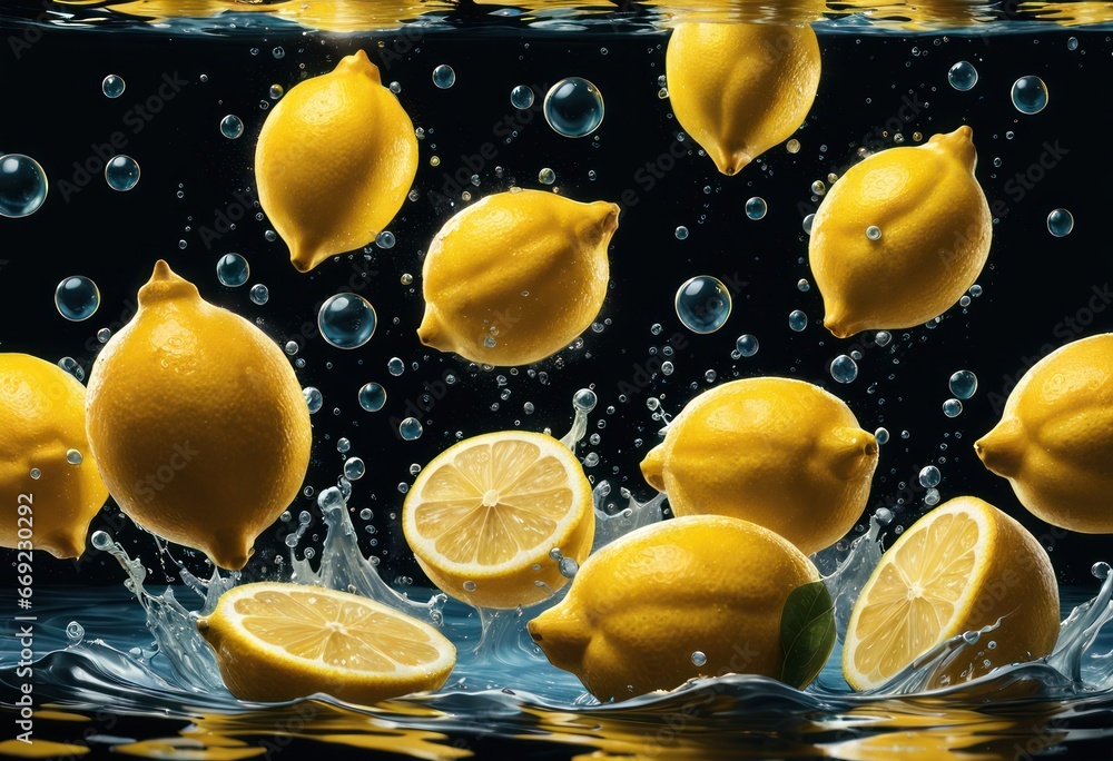 Poster a group of lemons floating in clear water with bubbles on a black background with splashes of water 
