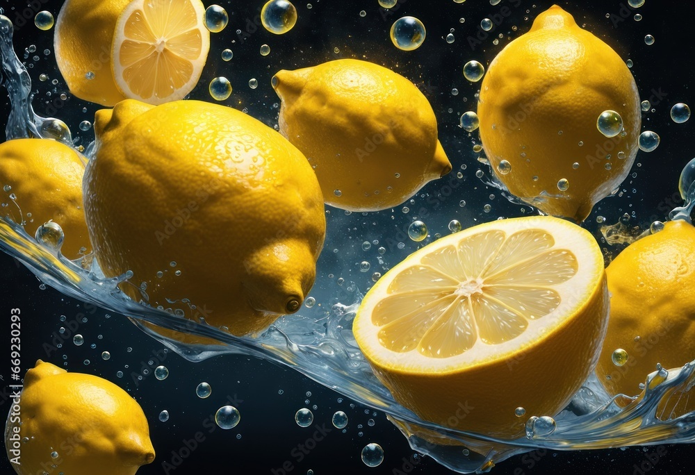 Poster a group of lemons floating in clear water with bubbles on a black background with splashes of water 
