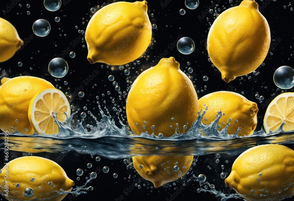 Poster a group of lemons floating in clear water with bubbles on a black background with splashes of water 