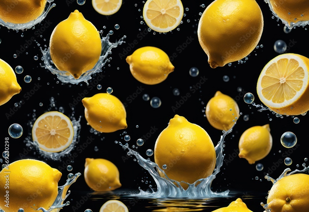 Poster a group of lemons floating in clear water with bubbles on a black background with splashes of water 