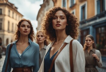 Fototapeta premium Lifestyle portrait of a diverse group of beautiful young women girlfriends walking around an European city and having fun, enjoying life. Young ladies walk through old city in casual linen clothes