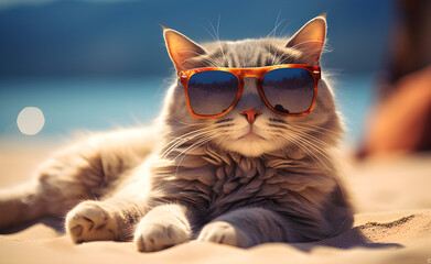 Um gato de óculos escuro deitado na areia da praia aproveitando seu dia - obrazy, fototapety, plakaty