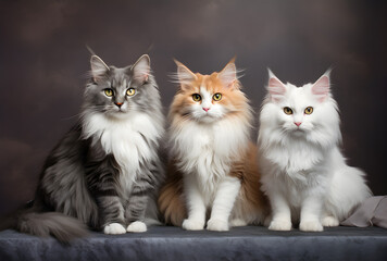 Três lindos gatos sentados com um fundo cinza moderno