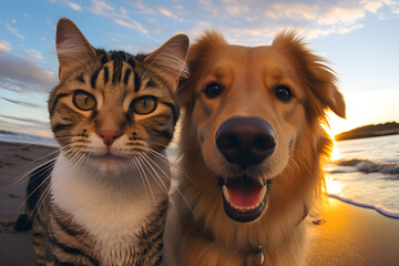 Um lindo por do sol na praia e um gato e cachorro juntos close