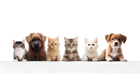 Cachorros e gatos juntos com um fundo branco - obrazy, fototapety, plakaty