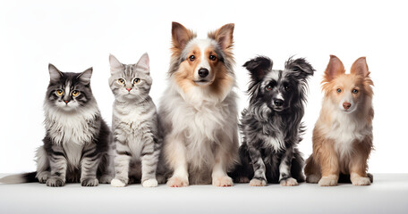 Cachorros e gatos sentados juntos com fundo branco - obrazy, fototapety, plakaty