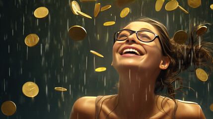 portrait of a woman with raining gold coins - obrazy, fototapety, plakaty