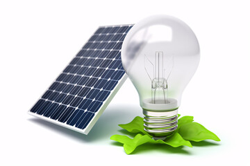 An isolated Eco LED bulb powered by solar panels on a white background signifies green energy.