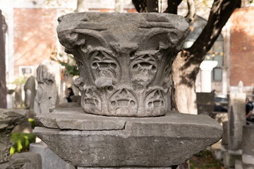 Old plaster sculptures and bas-reliefs, wall texture and patterns. Elements of architectural decorations of buildings. On the streets in Istanbul, public places.