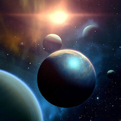 Obraz premium Alien planet in colorful space nebula illustration, with distant sun and companion planets